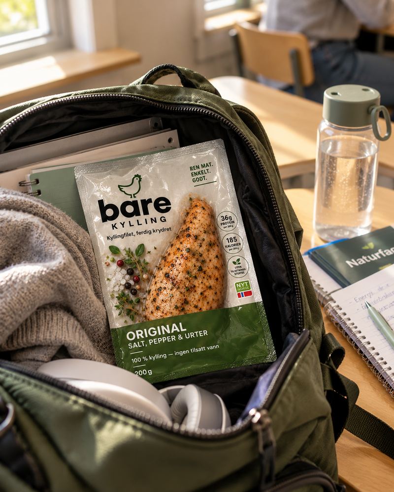 En pakke Bare Kylling Original i en åpen skolesekk med bøker, ved en pult med drikkeflaske og notatbok.