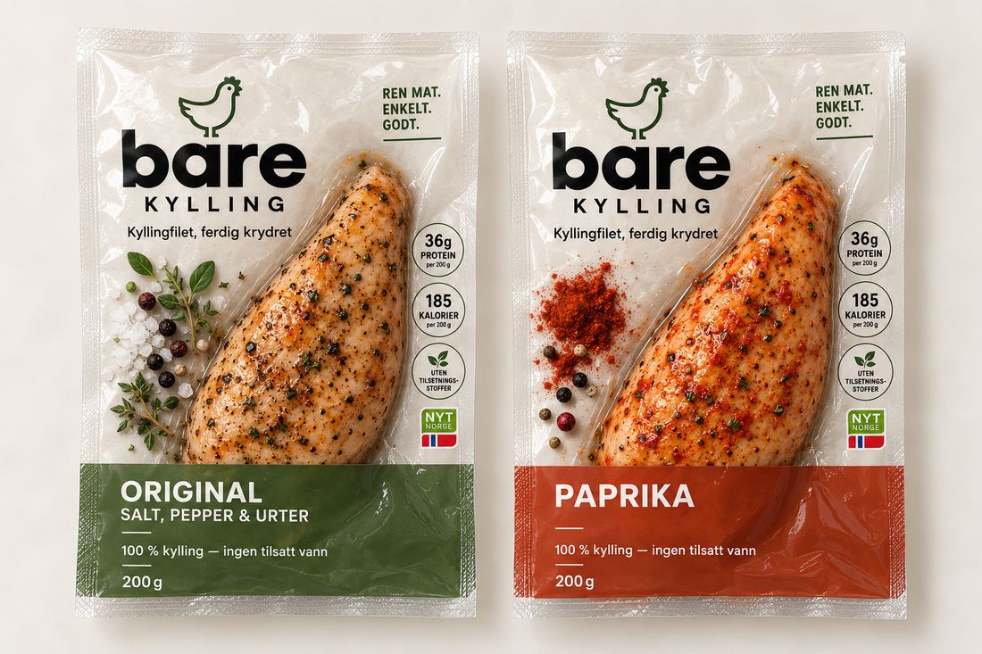 To pakker Bare Kylling forfra på lys bakgrunn. Kyllingfileten synes tydelig gjennom den klare emballasjen.